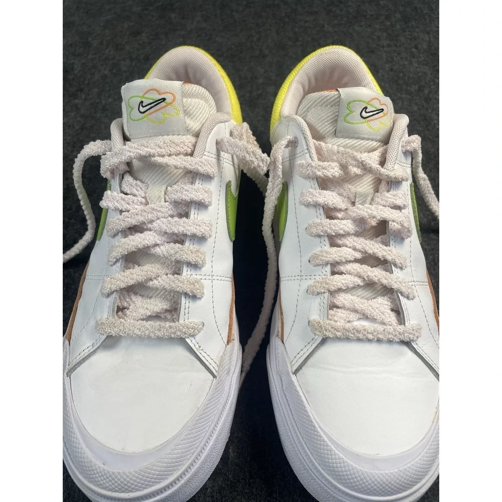 Nike White Sneakers with Lime Green Swoosh and Yellow Collar